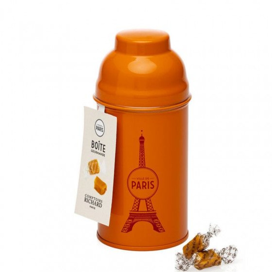 Epicerie Sucree Comptoi Rsrichard Boite Gourmande | Boite Tour Eiffel En Metal Laque Orange Garnie De Caramels 145G