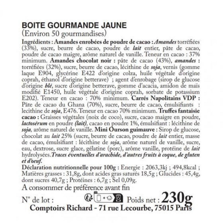 Epicerie Sucree Comptoi Rsrichard Coffret Et Offre Decouverte | Boite Gourmande Jaune Garnie Autour Du Chocolat 230G