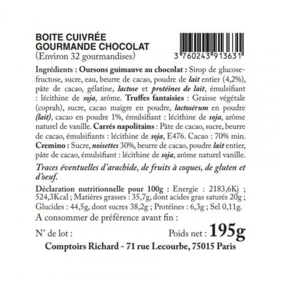 Epicerie Sucree Comptoi Rsrichard Coffret Et Offre Decouverte | Boite Gourmande Cuivree Garnie De Chocolats 195G