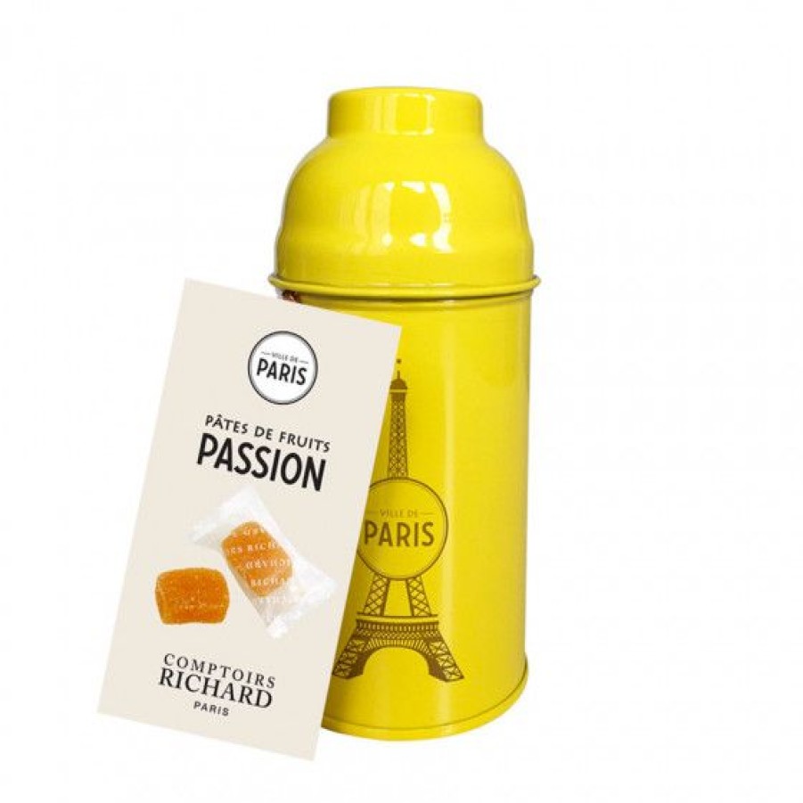 Epicerie Sucree Comptoi Rsrichard Boite Gourmande | Boite Tour Eiffel En Metal Laque Jaune Garnie De Pates De Fruits 110G