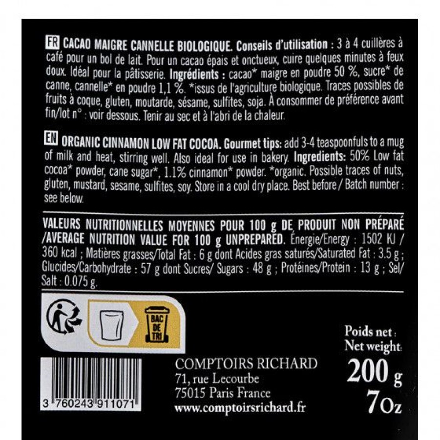 Epicerie Sucree Comptoi Rsrichard Chocolat | Cacao En Poudre Aromatise A La Cannelle Bio 200G